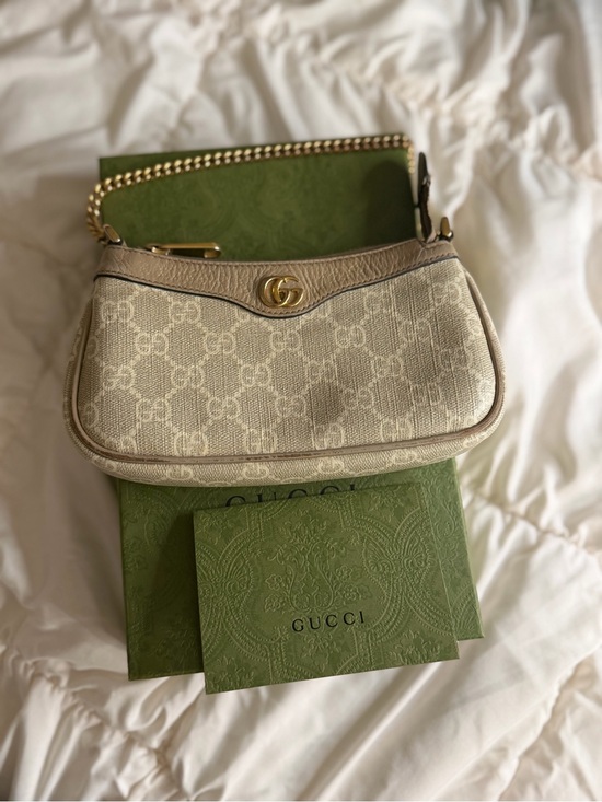 Gucci Handbags - Gucci Beige GG Canvas Shoulder Bag with Gold Chain Accent
